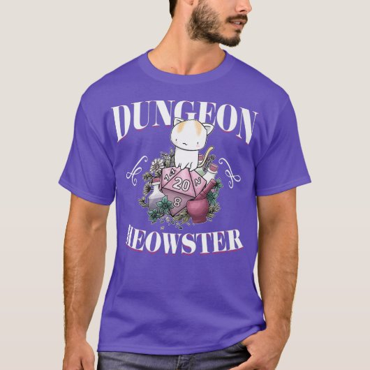 ダンジョンおもしろいメオースターDnDゲーマー猫好きD20 Tシャツ (正面)