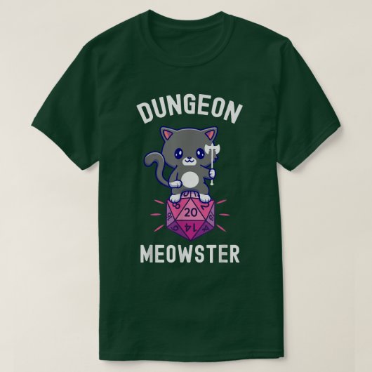 ダンジョンメオウスターRPGサイコロ妖精かわいい猫 Tシャツ (デザイン正面)