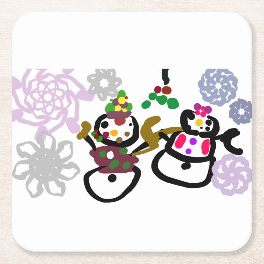 ダンスする雪だるまと雪女 スクエアペーパーコースター (正面)