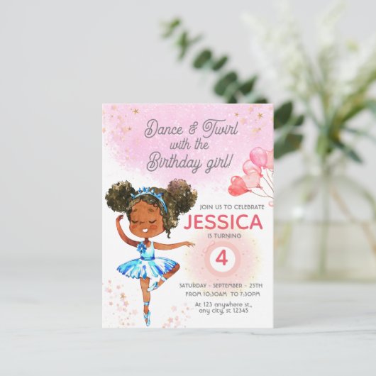 ダンスとトゥワリング ピンクのバレエガール 誕生日 ポストカード (スタンド正面)