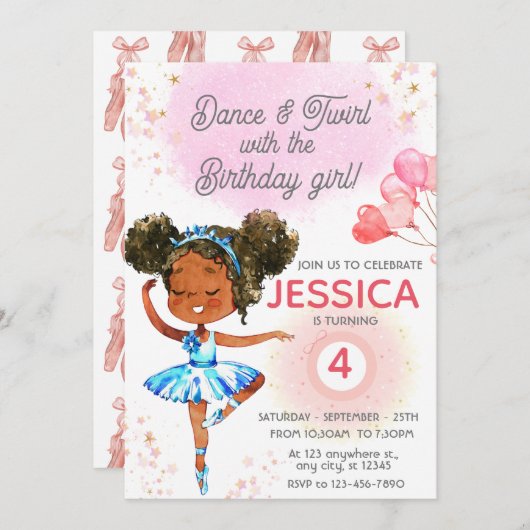 ダンスとトゥワール ピンクの女の子 オーダーメイド 誕生日 招待状 (正面/裏面)