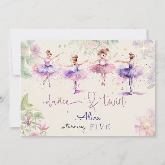 ダンスとトワイルバレリーナ水彩誕生日 招待状 (正面)