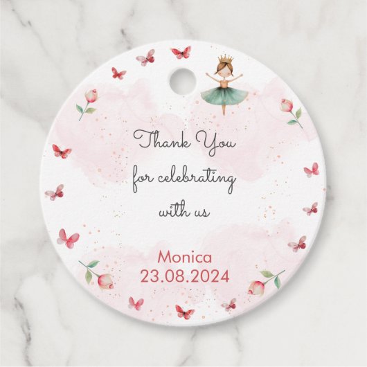 ダンスと回転かわいいバレリーナのバレエの子供の誕生日 フェイバータグ (正面)