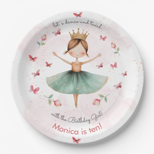 ダンスと回転かわいいバレリーナのバレエの子供の誕生日 ペーパープレート (正面)