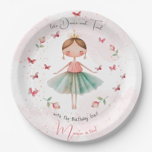 ダンスと回転かわいいバレリーナのバレエの子供の誕生日 ペーパープレート (正面)