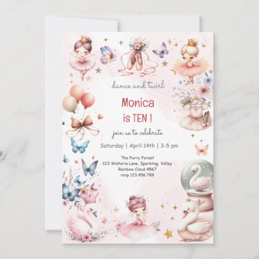 ダンスと回転かわいいバレリーナのバレエの子供の誕生日 招待状 (正面)