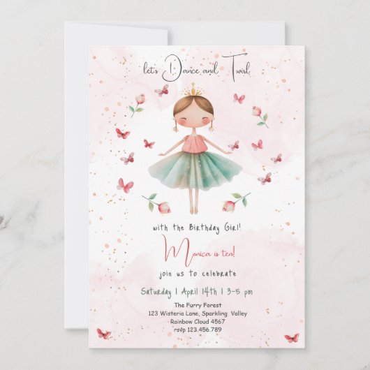 ダンスと回転かわいいバレリーナのバレエの子供の誕生日 招待状 (正面)