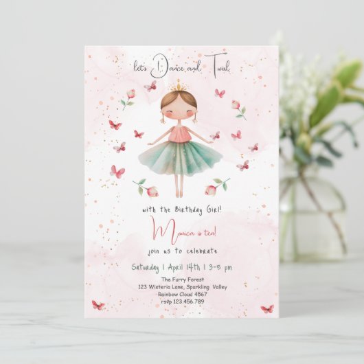 ダンスと回転かわいいバレリーナのバレエの子供の誕生日 招待状 (スタンド正面)