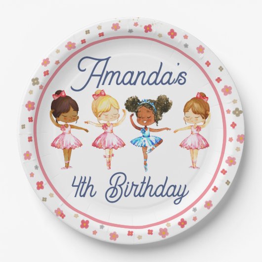ダンスとTwirlピンクの女の子編集可能バレリーナパーティー ペーパープレート (正面)