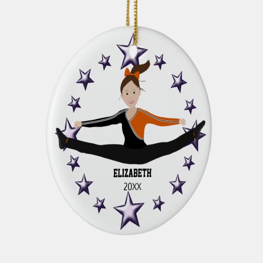 ダンスの応援のブルネットのオレンジ、紫色および黒 セラミックオーナメント (右)
