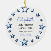 ダンスの応援のブルネットの青および黒い セラミックオーナメント (裏面)