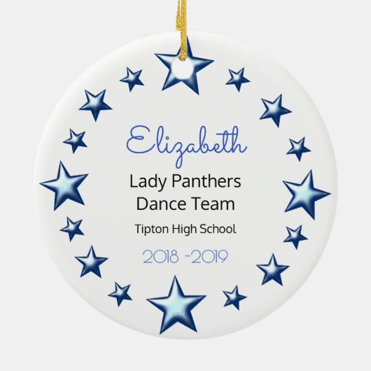 ダンスの応援のブルネットの青および黒い セラミックオーナメント (裏面)