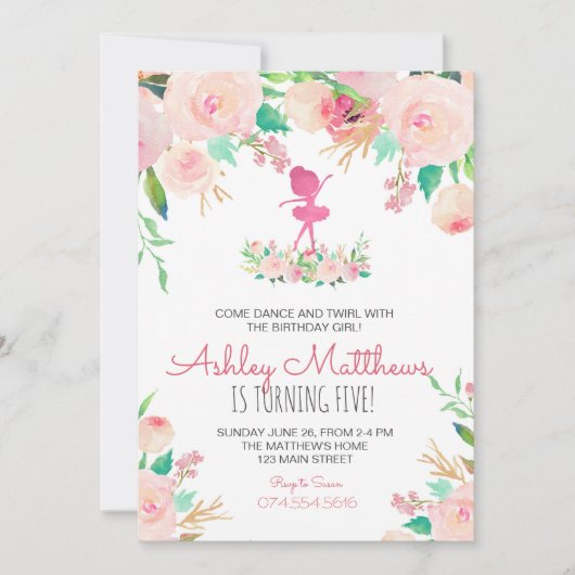 ダンスの誕生日、バレリーナ、誕生日の招待 招待状 (正面)