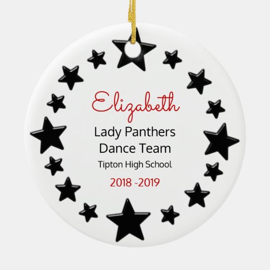 ダンスまたは応援のブルネットの赤くおよび黒い セラミックオーナメント (裏面)