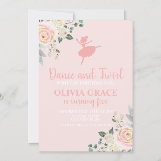 ダンスアンドトゥウィルフローラピンクバレエ誕生日 招待状 (正面)