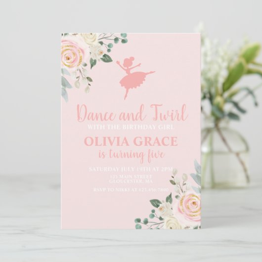 ダンスアンドトゥウィルフローラピンクバレエ誕生日 招待状 (スタンド正面)