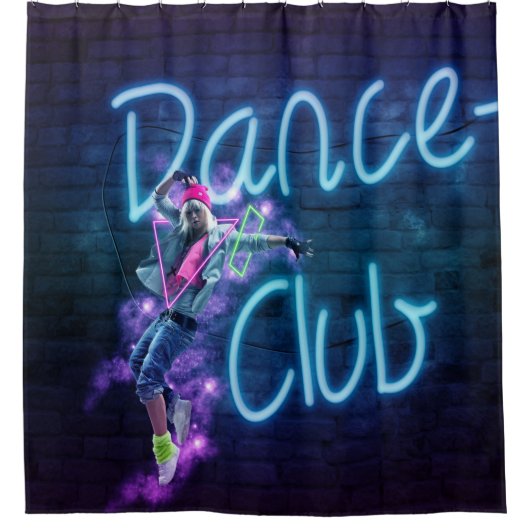 ダンスクラブのダンサーが付いているネオン落書きの壁 シャワーカーテン (正面)