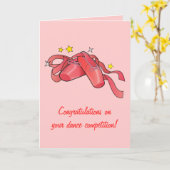 ダンスコンペティションおめでとう：赤バレエ靴 カード (黄色い花)