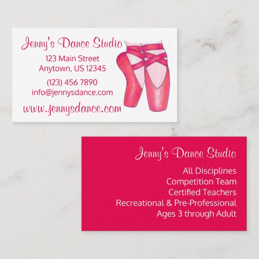 ダンススタジオ先生ピンクバレエポインテトーシューズ 名刺 (正面/裏面)