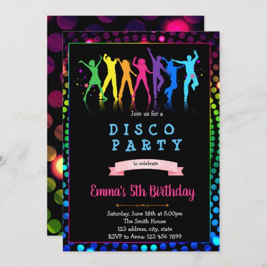 ダンスディスコ誕生日パーティーの招待 招待状 (正面/裏面)