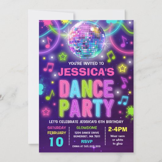 ダンスパーティの招待状ネオングローダンスパーティー 招待状 (正面)
