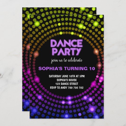 ダンスパーティーディスコ80sディスコボールガールズ誕生日 招待状 (正面/裏面)