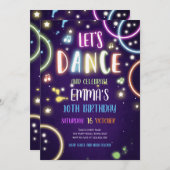 ダンスパーティーネオングローディスコ誕生日招待状 招待状 (正面/裏面)