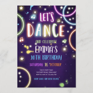 ダンスパーティーネオングローディスコ誕生日招待状 招待状