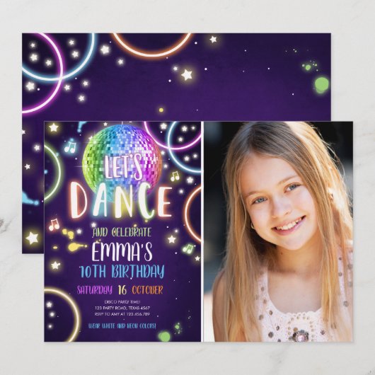 ダンスパーティーネオングローディスコ誕生日招待状 招待状 (正面/裏面)