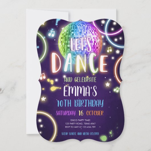 ダンスパーティーネオングローディスコ誕生日招待状 招待状 (正面)