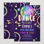 ダンスパーティーネオングローディスコ誕生日招待状 招待状 (正面/裏面)