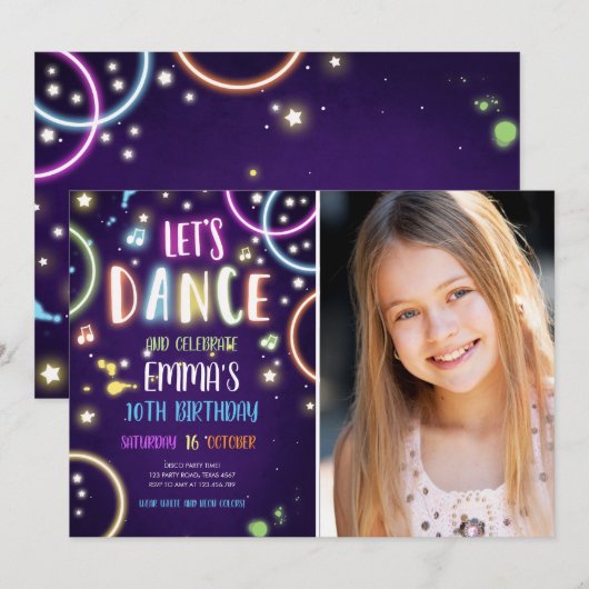 ダンスパーティーネオングローディスコ誕生日招待状 招待状 (正面/裏面)