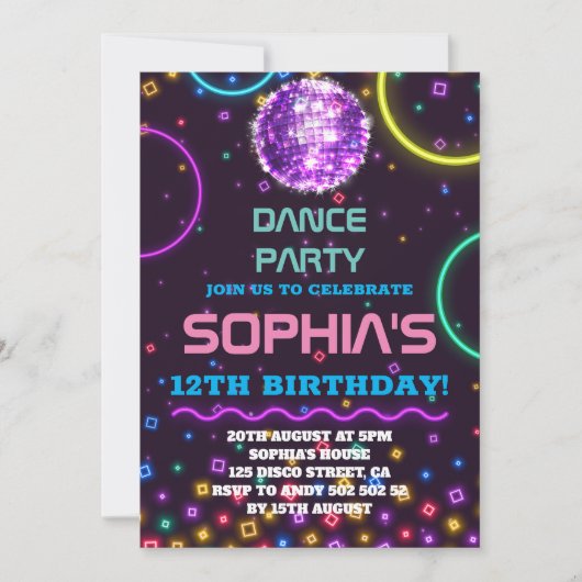 ダンスパーティー誕生日グローレインボーディスコボール 招待状 (正面)