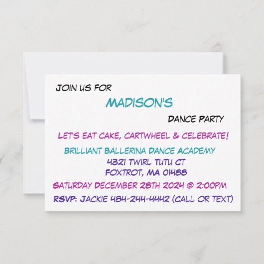 ダンスピンクパープルターコイズグラデーションパーティの招待状 招待状 (裏面)
