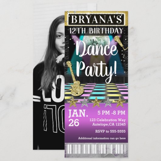 ダンスフロア ディスコボール 誕生日パーティー 写真 チケット 招待状 (正面/裏面)
