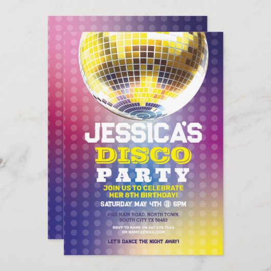 ダンスレッツパーティー誕生日招待状ガールズディスコボール 招待状 (正面/裏面)
