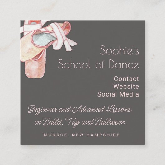 ダンス教室バレエ靴アートビジネスカード スクエア名刺 (正面)