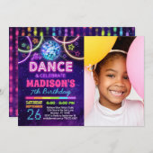 ダンス誕生日ガールズネオンディスコダンスパーティー写真 招待状 (正面/裏面)