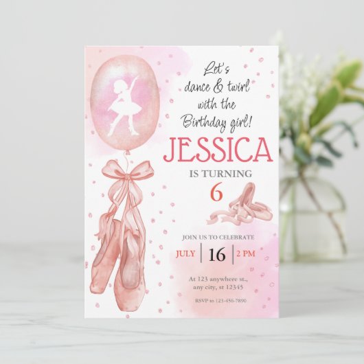 ダンス&トワイルピンクガールバレエシューズ誕生日 招待状 (スタンド正面)