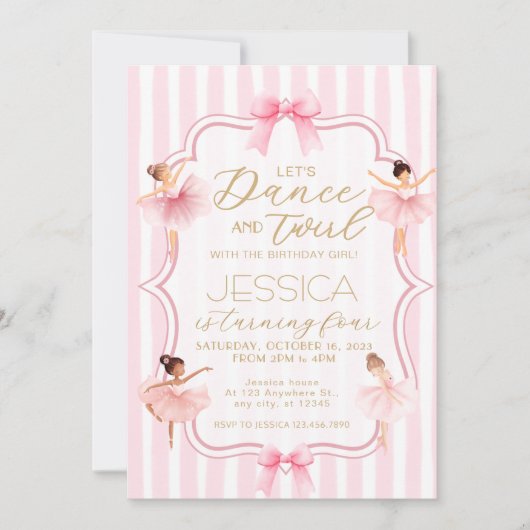 ダンス&トワイルピンクバレリーナバレエ誕生日パーティー 招待状 (正面)