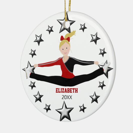 ダンス、応援のブロンドの赤くおよび黒い セラミックオーナメント (左)