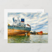 ダンツィヒ海港の貨物船のパステルスケッチ シーズンポストカード (正面/裏面)