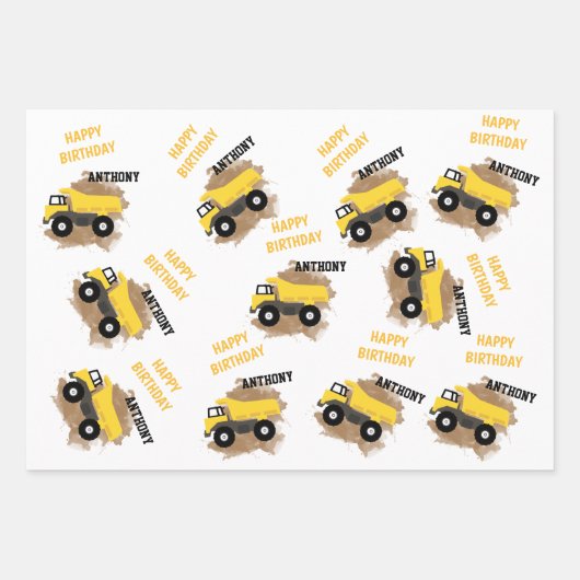 ダンプトパーソナライズされたラック建築マッド少年の名前 ラッピングペーパーシート (正面)