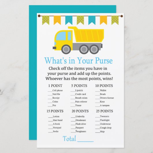 ダンプトラックあなたの財布ゲームのベビーシャワーに何がある (正面/裏面)