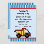 ダンプトラックとピンストライプ誕生日パーティー 招待状 (正面/裏面)