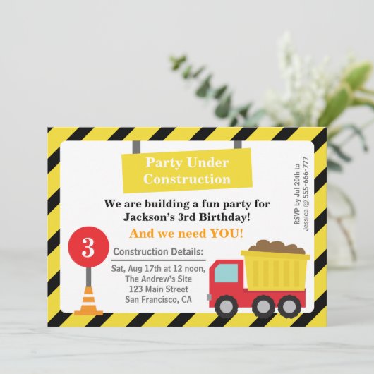 ダンプトラックの建築のテーマの誕生会 招待状 (スタンド正面)