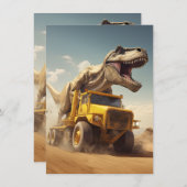 ダンプトラックの誕生日パーティーに乗ったTレックス恐竜 招待状 (正面/裏面)