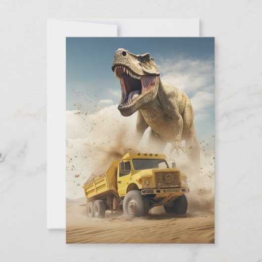 ダンプトラックの誕生日パーティーを追うTレックス恐竜 招待状 (正面)