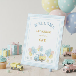 ダンプトラックの1歳の誕生日おめでとう ボーイ 台座サイン