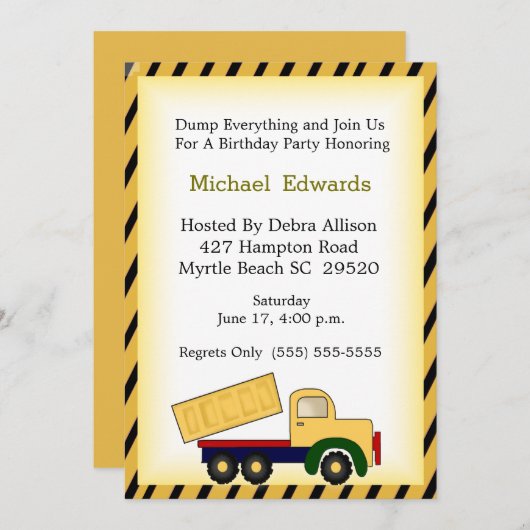 ダンプトラックテーマ誕生日パーティーの招待 招待状 (正面/裏面)